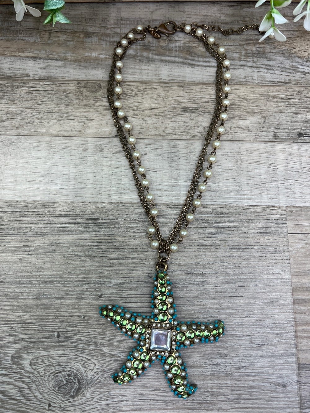 Chico’s Multi-Strand Starfish Pearl Rhinestone Necklace - Picture 2 of 11